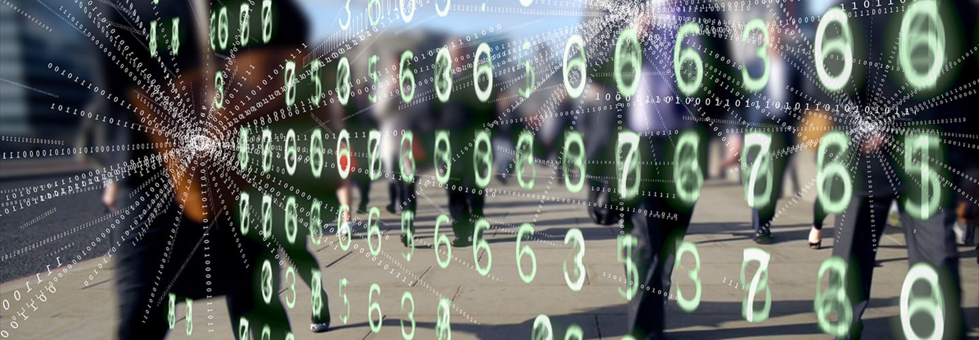 Streams of binary code being transmitted from the phones and tablets of people walking 