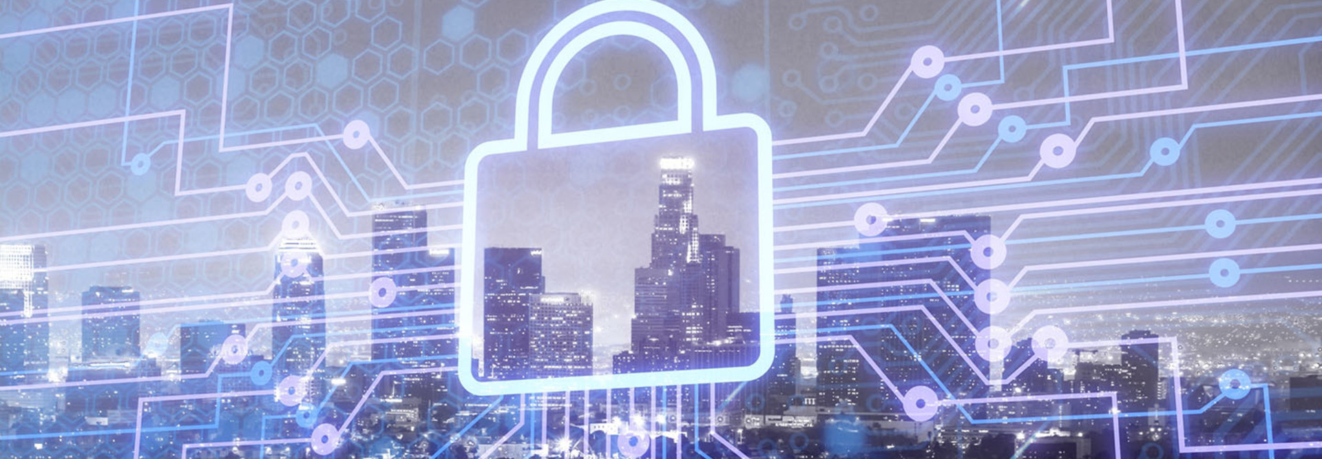 Digital lock icon and city background, concept of data security