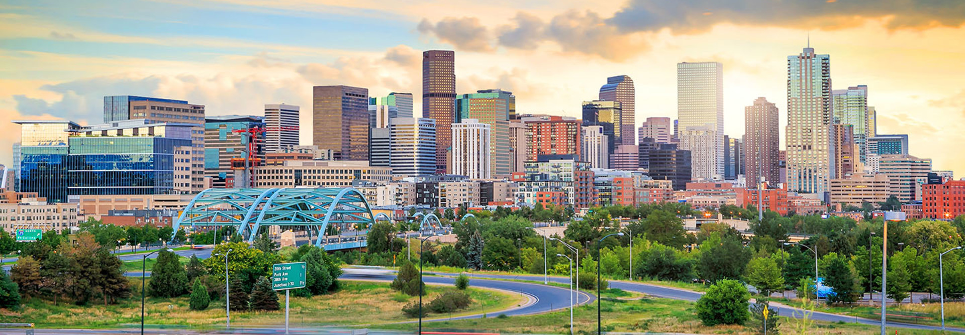 Panorama of Denver skyline long exposure at twilight.