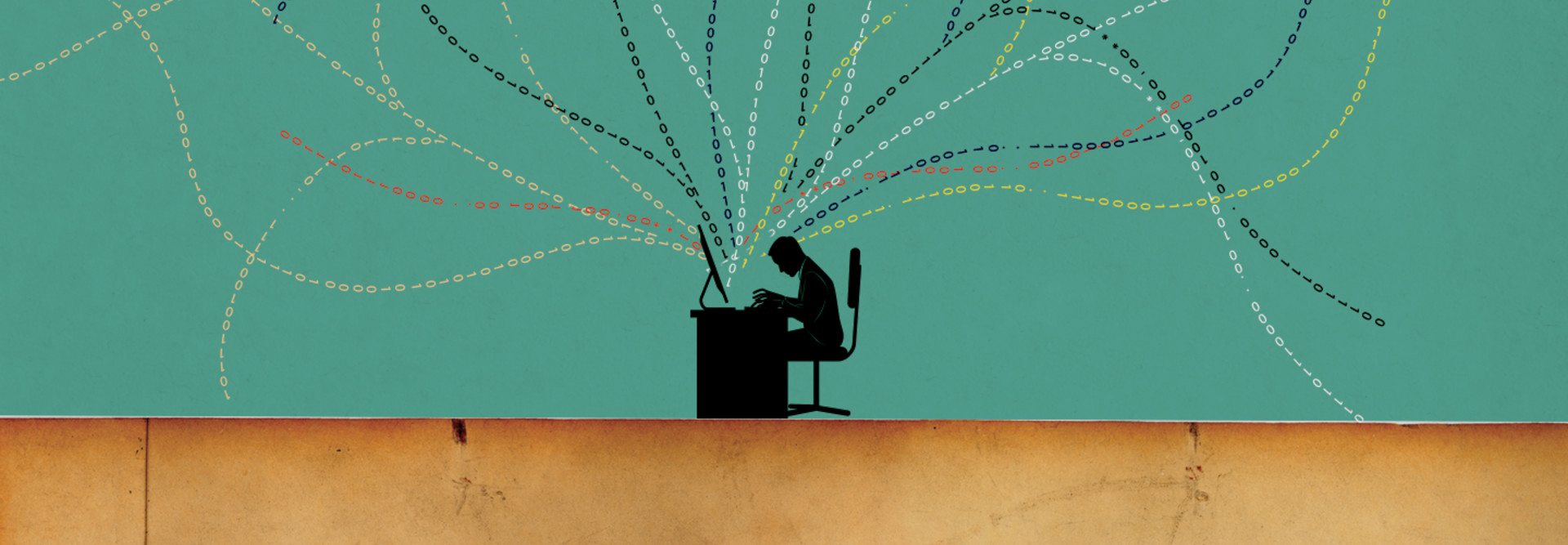 Person at desk with binary code emerging