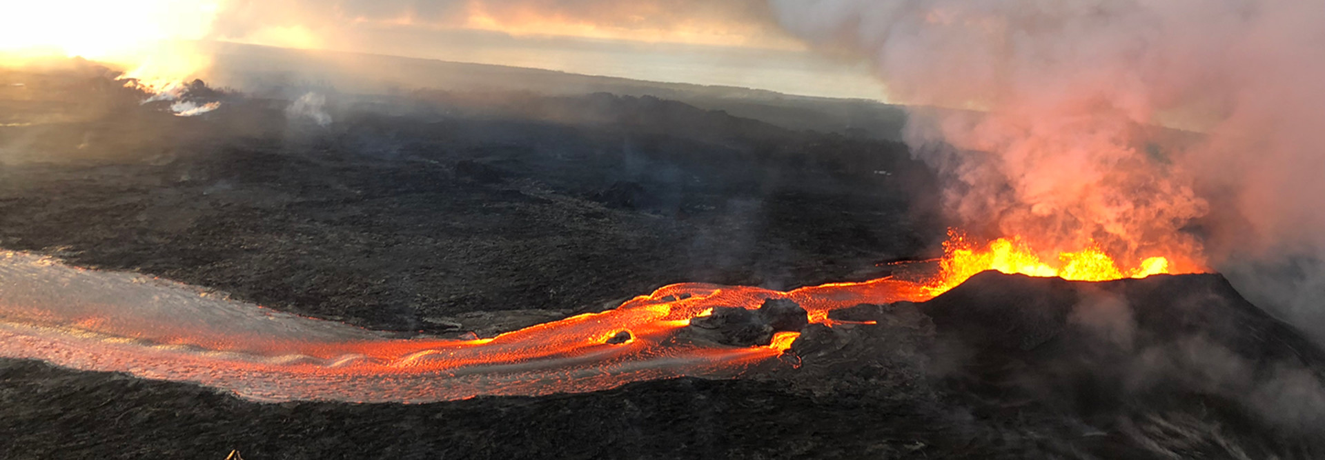 Fissure 8 lava fountain of the of the Kīlauea Volcano during an overflight of the lower East Rift Zone on June 13, 2018.