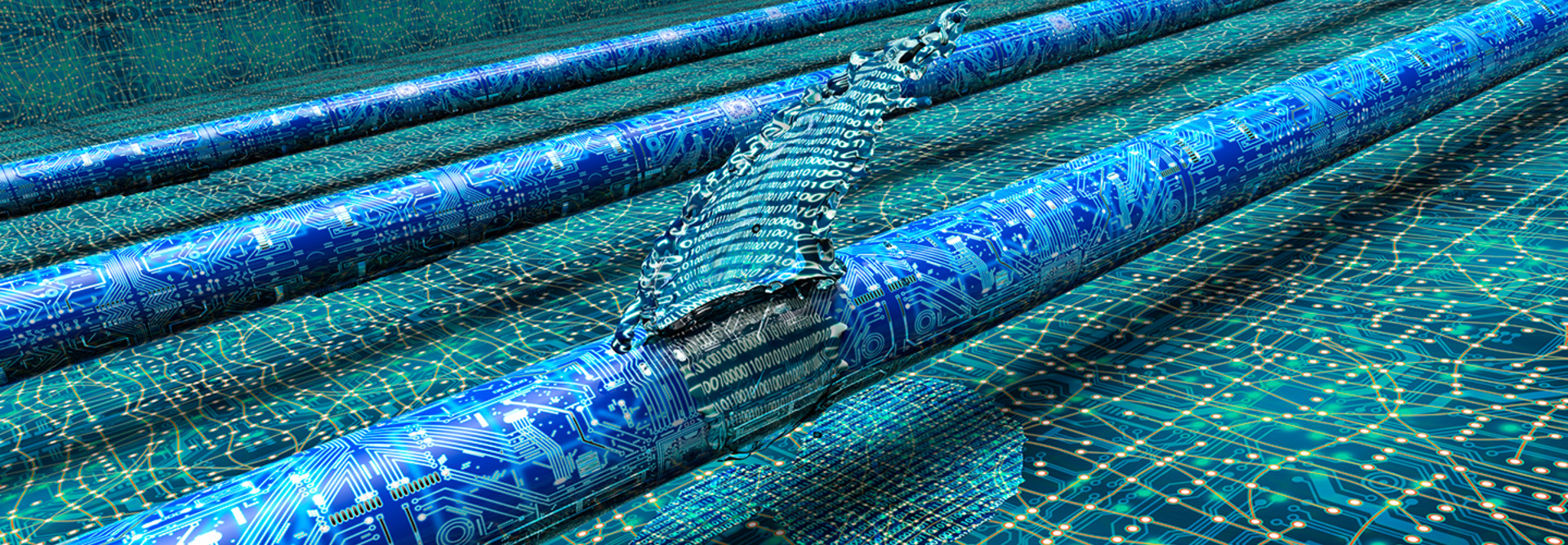Data breach illustration of data flowing through a digital pipeline and there being a pipeline leak
