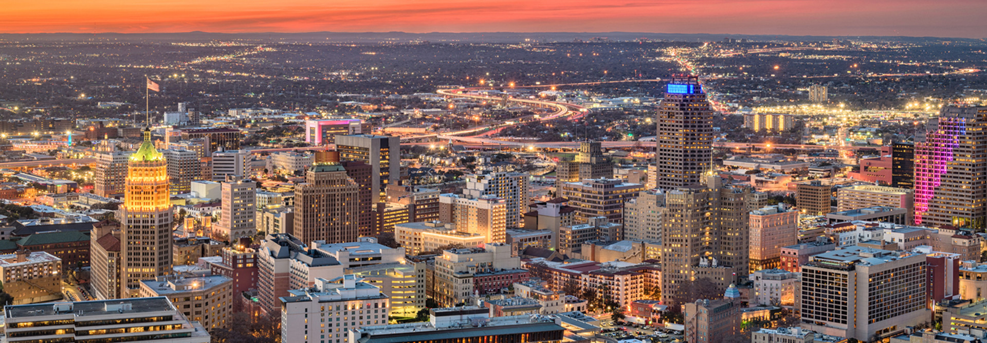 The San Antonio skyline at dusk.