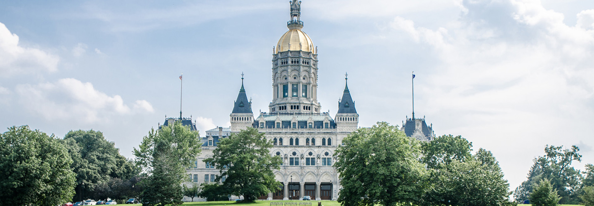 Facade of the Hartford State Capitol in Connecticut during a summer day