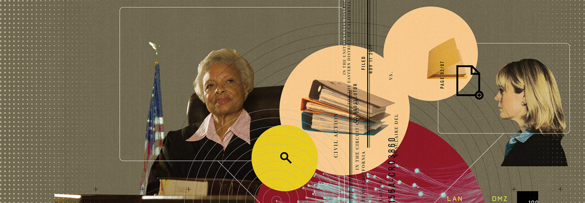 Virtual courtroom technology illustration 