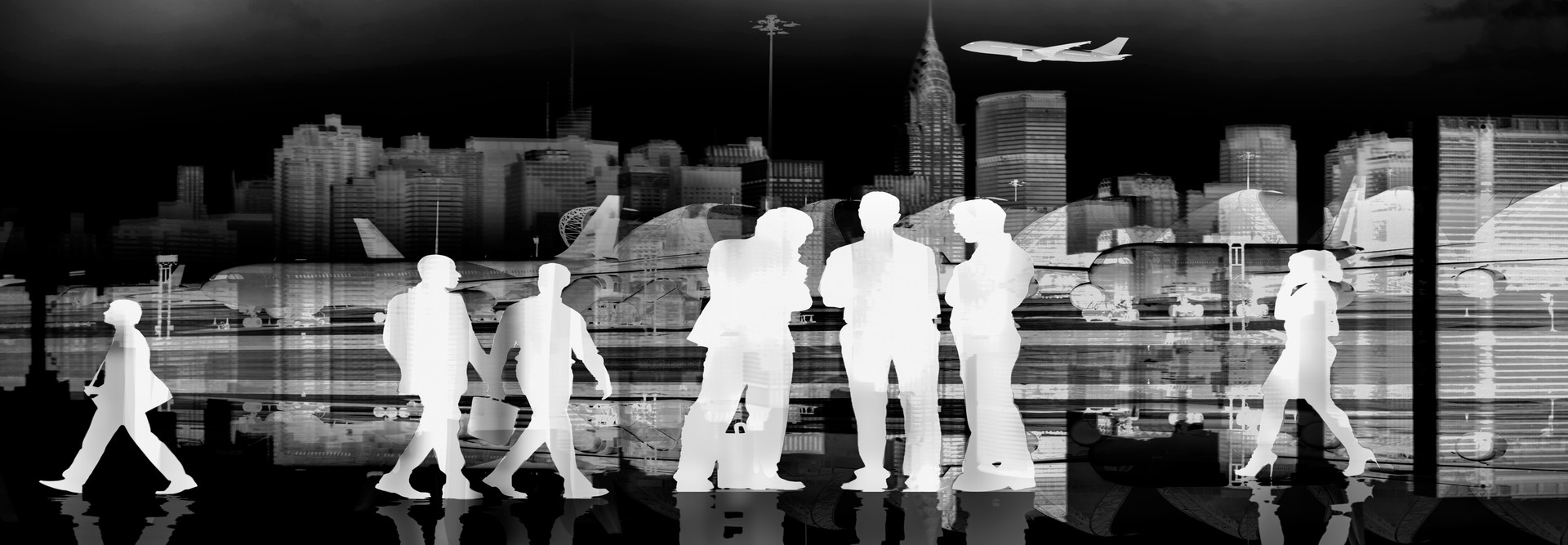 Negative image of people walking through airport