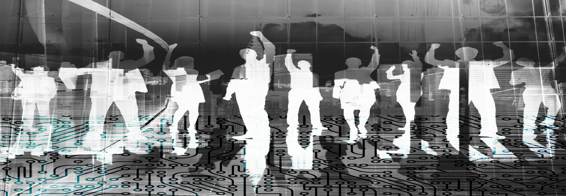 Negative image of people raising their hands