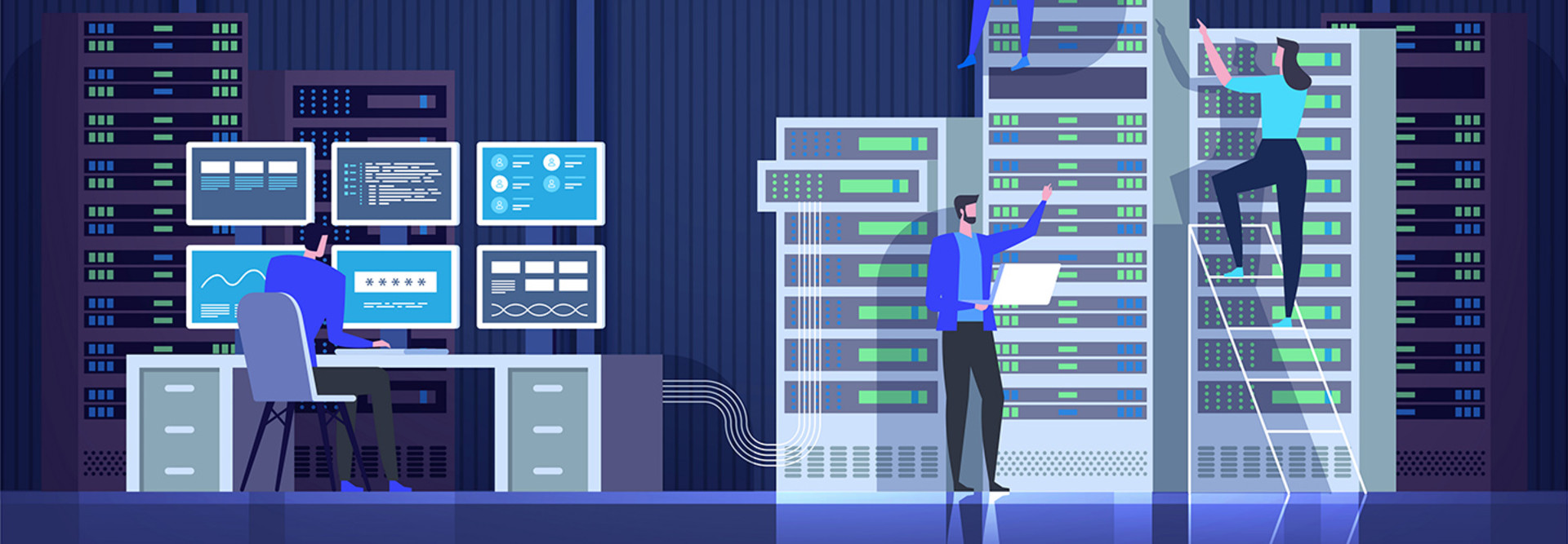 Server room. People working and managing IT technology. Vector flat illustration.