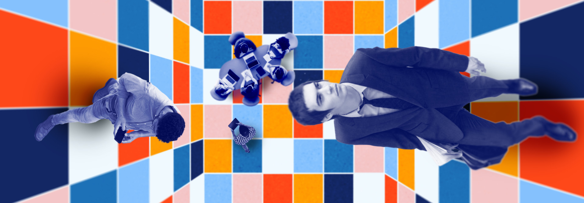 Collage of people against a check backgraound