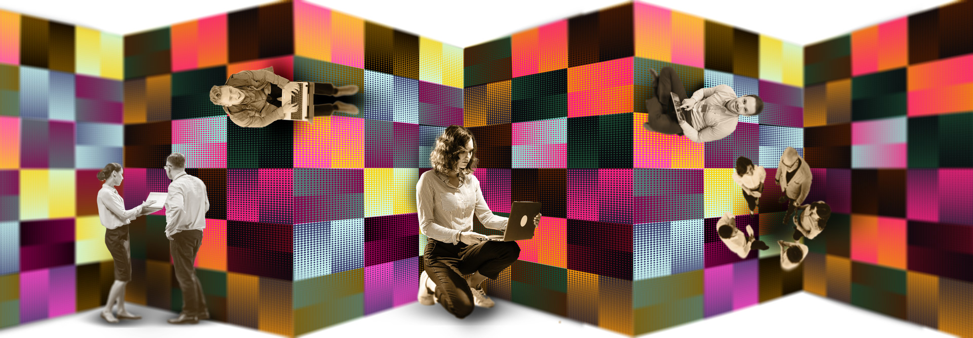 Collage of people working on personal devices