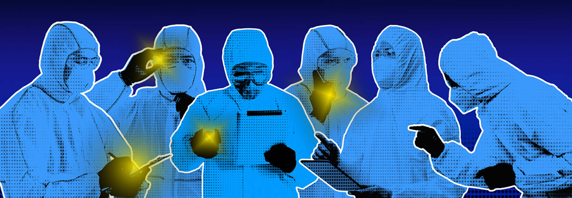 Imagery of lab workers shining lights and analyzing data.