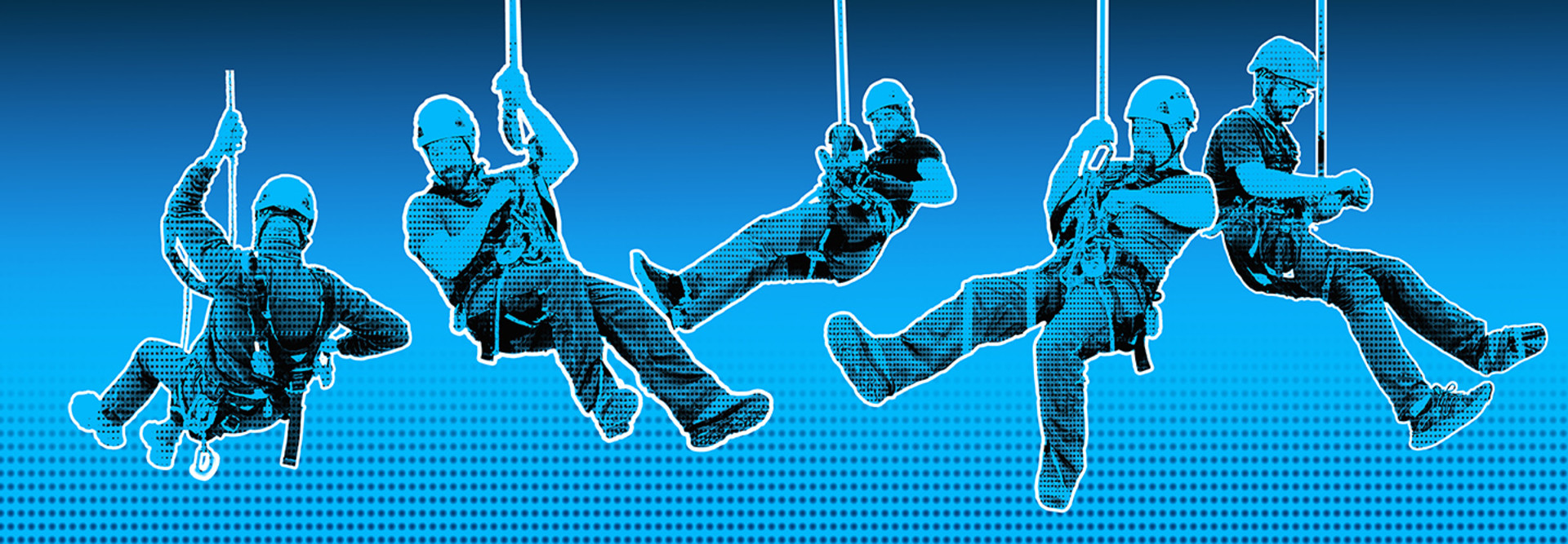 Image of workers descending on ropes, representing IT teams going into a network to find and resolve vulnerabilities.