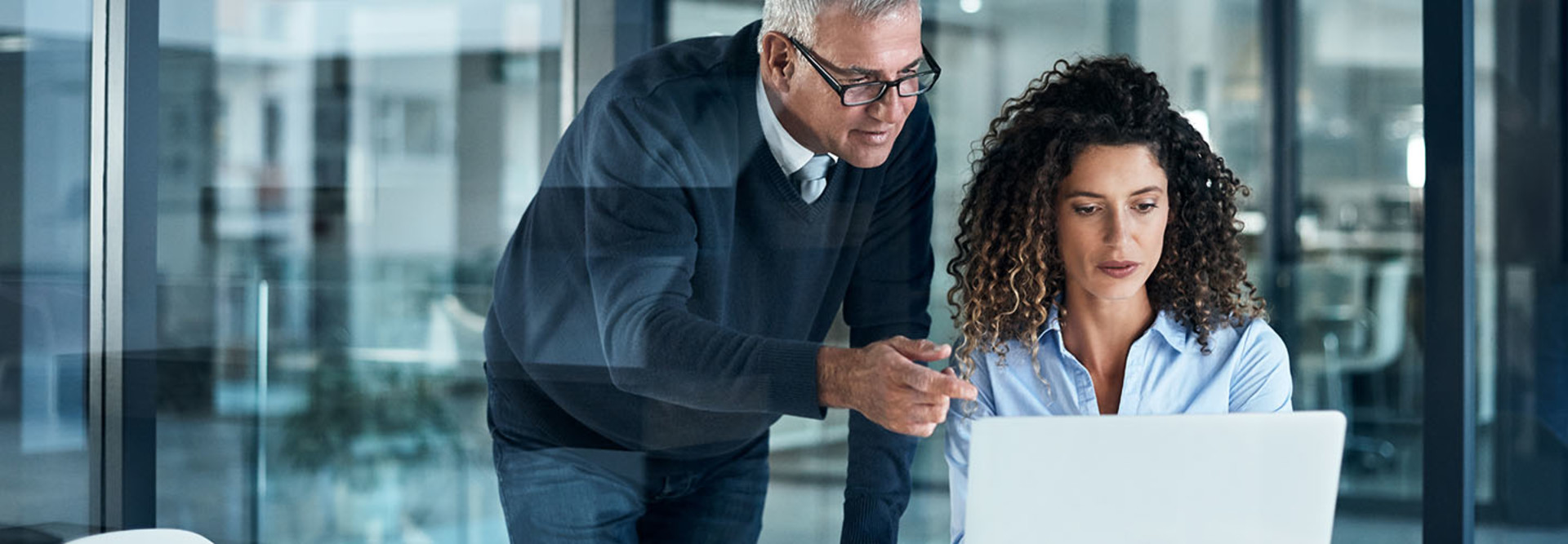 Shot of two professionals working on a laptop in an office.