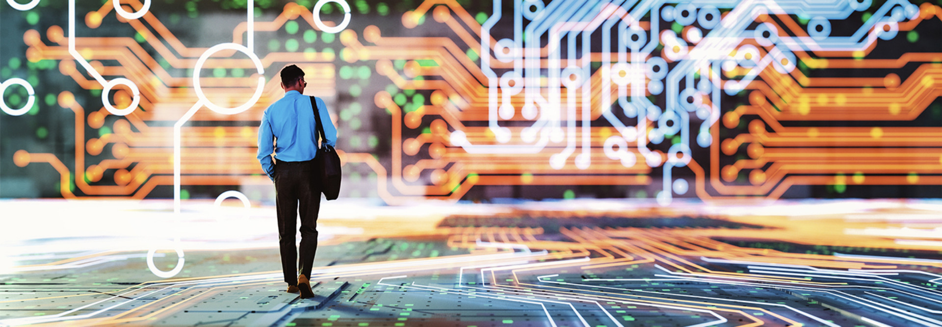 Abstract image of business person walking in VR environment