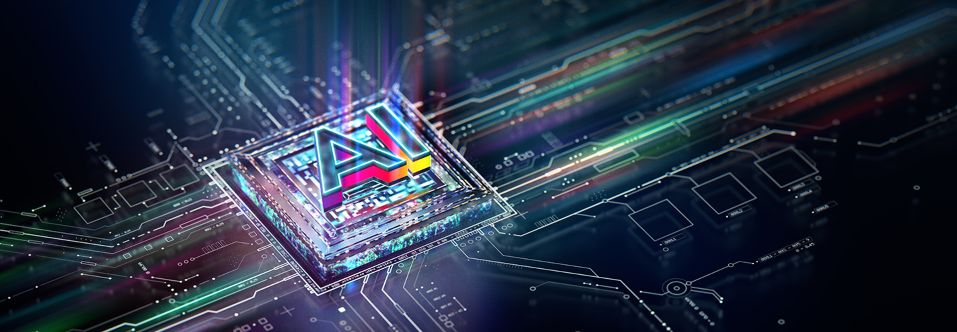 Artificial Intelligence processor unit. Powerful Quantum AI component on PCB motherboard with data transfers.