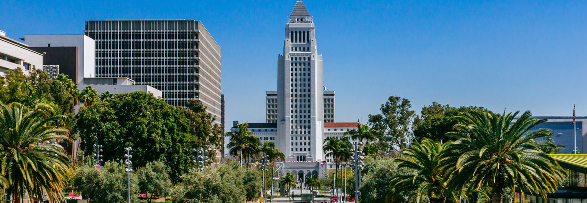 Fountain in Grand Park, and Los Angeles City Hall