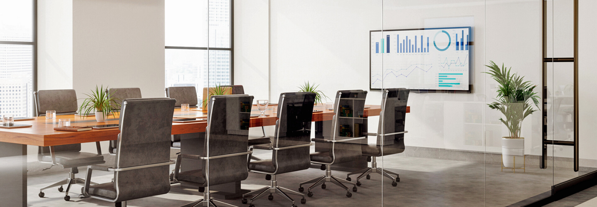Outside View Of Empty Meeting Room With Table And Office Chairs