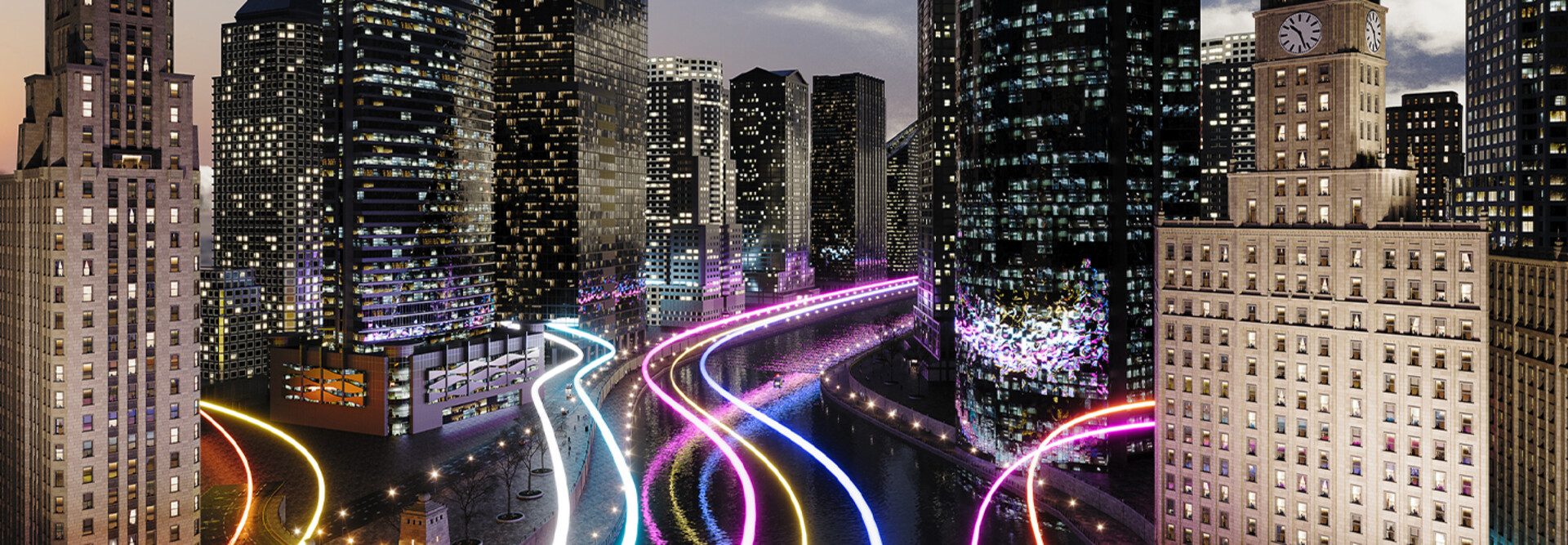 Smart city with glowing light trails
