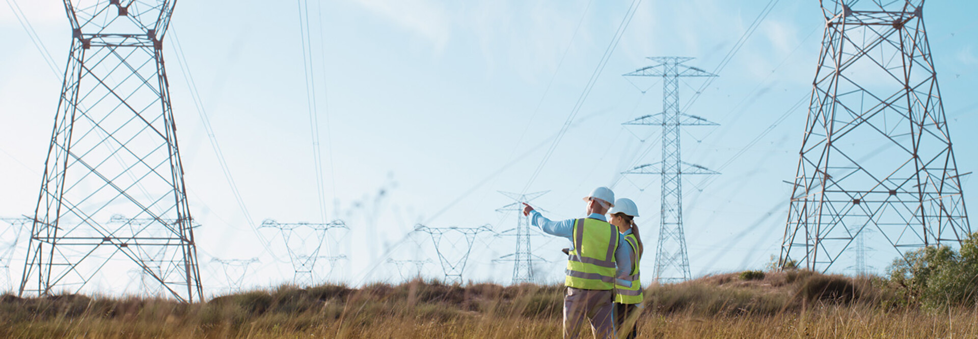 Utility workers examining power lines