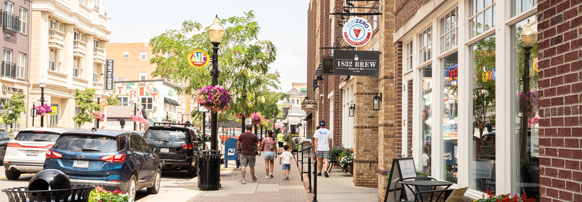 Street scene from midwest suburban city of Carmel, Indiana