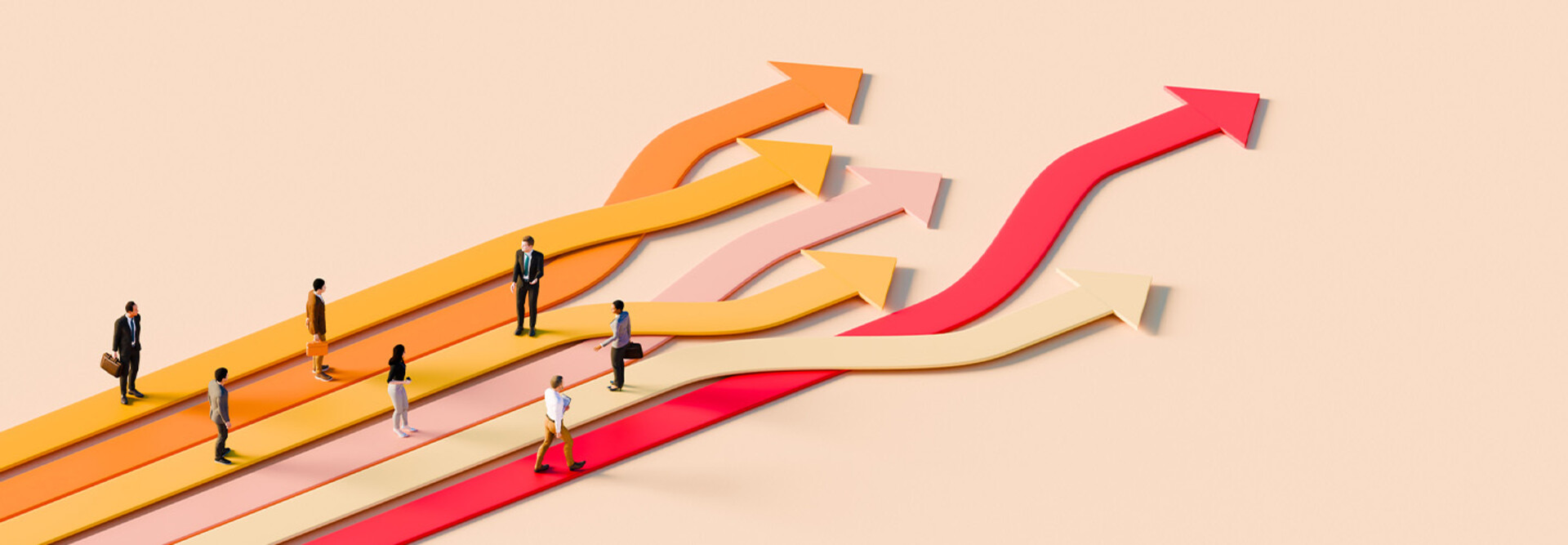 Illustration of business people standing on arrows