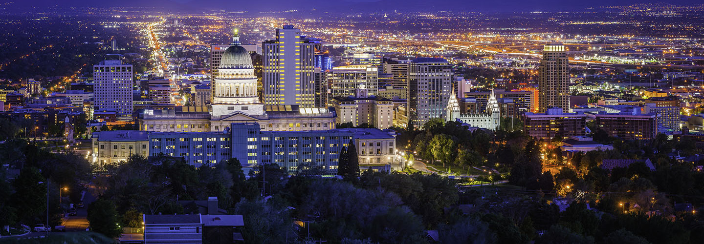 Salt Lake City downtown landmarks illuminated dusk panorama Utah USA