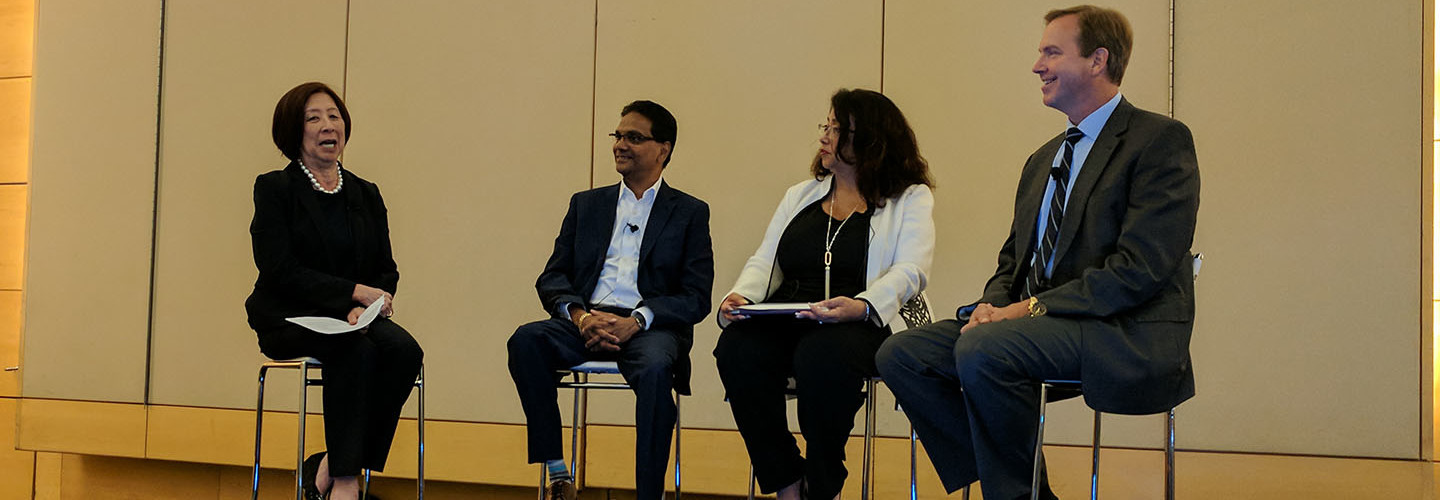 From left: Teri Takai, executive director for the Center for Digital Government; Kumar Rachuri, director of state and local government solutions at Adobe; Karen Loquet, deputy audit controller for Los Angeles County; and Dean Pfoltzer, former senior executive at the Defense Department, speaking at the Adobe Digital Government Symposium 2018 in Washington, D.C., on May 15.