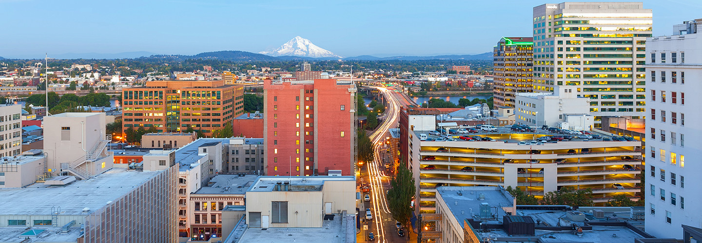 A view of downtown Portland, Ore., with Mt. Hood in the background. 