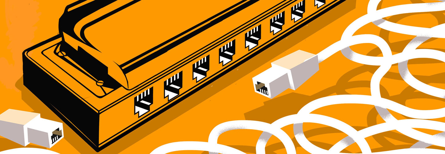 An orange illustration of a switch or router with an ethernet cable 