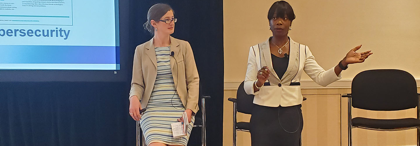 Maria Thompson, right, the chief risk officer for North Carolina, speaks about gender diversity in cybersecurity alongside Laura Bate, a policy analyst at the think tank New America.