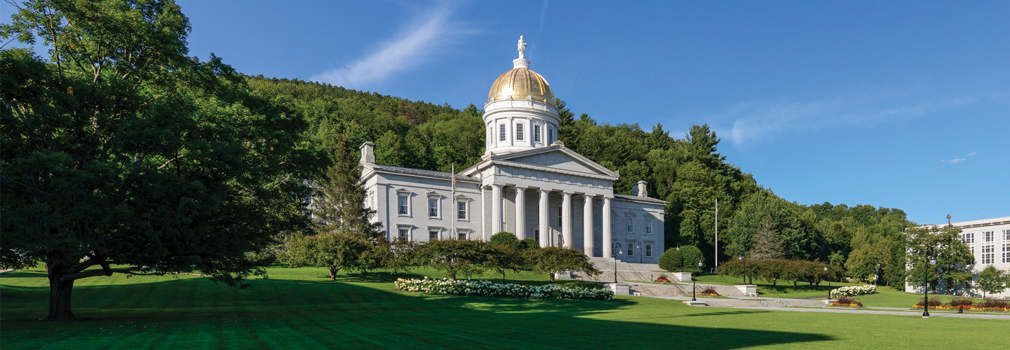 Panoramic of the Vermont State House on State Street in Montpelier, Vermont