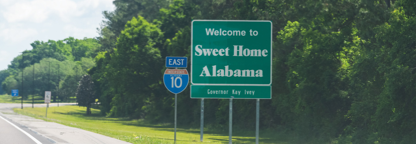 Welcome to Alabama highway sign on the interstate 