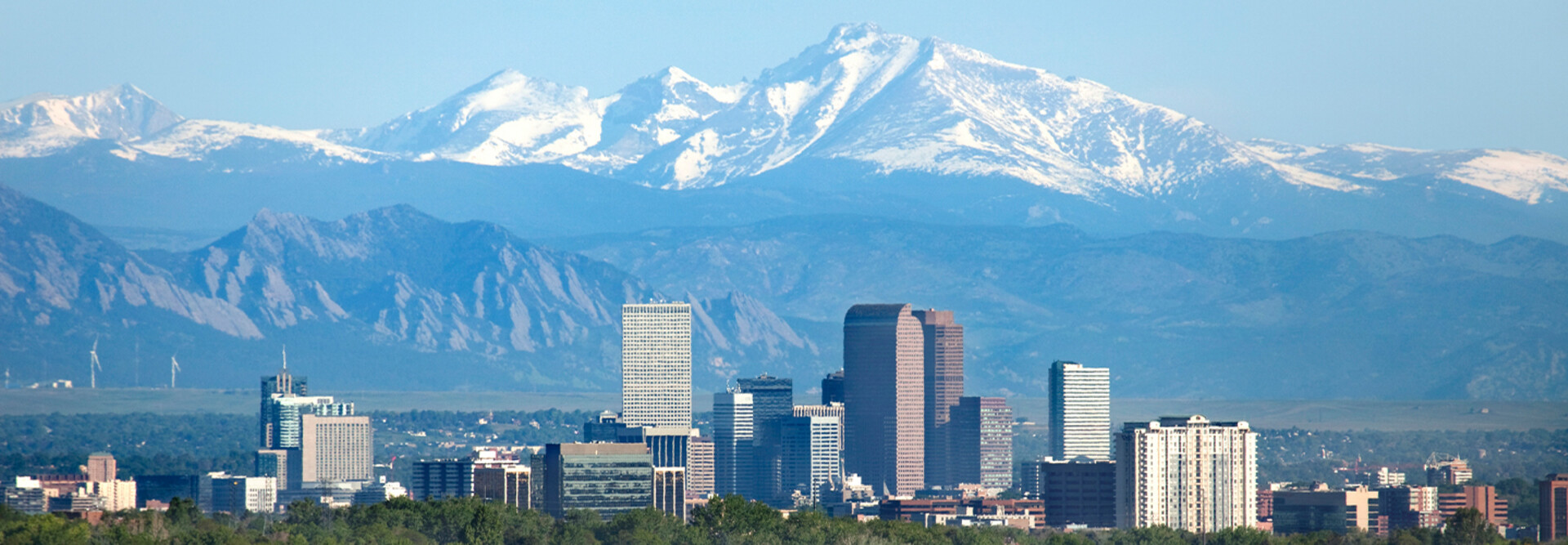 Denver Colorado skyscrapers and Rocky Mountains