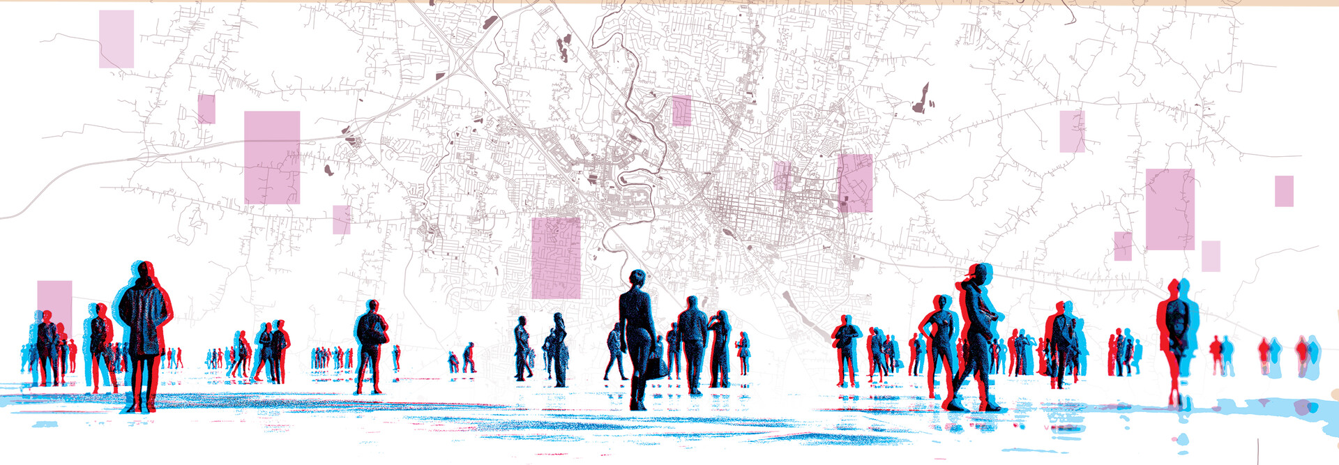 Illustration of people walking against map