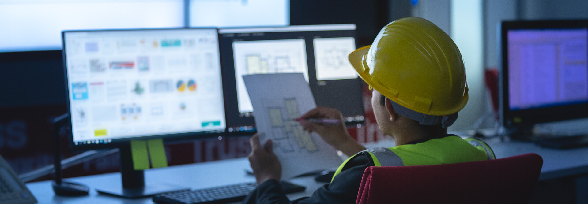 state government construction worker works at computer