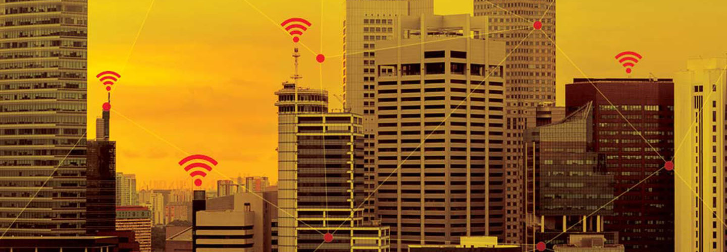 City with Wi-Fi signals above buildings