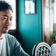 Person using laptop at home