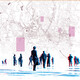 Illustration of people walking against map