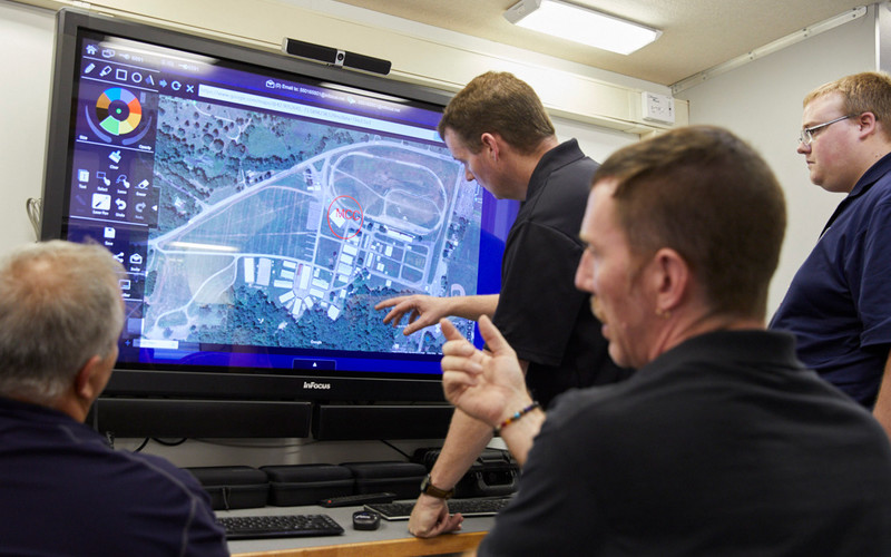 During and after the scene, public safety officers can gather around an InFocus Mondopad screen mounted inside the mobile center to observe and analyze the situation in real time.