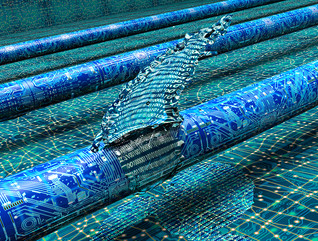 Data breach illustration of data flowing through a digital pipeline and there being a pipeline leak