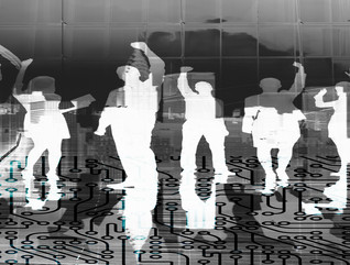 Negative image of people raising their hands