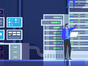 Server room. People working and managing IT technology. Vector flat illustration.