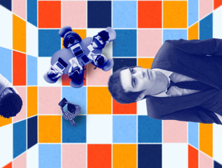 Collage of people against a check backgraound
