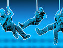 Image of workers descending on ropes, representing IT teams going into a network to find and resolve vulnerabilities.