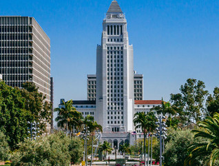 Fountain in Grand Park, and Los Angeles City Hall