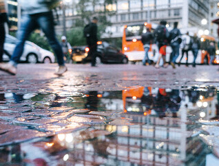 Raining in a busy city