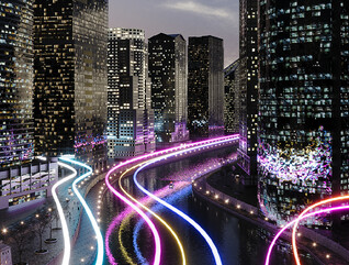Smart city with glowing light trails