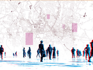 Illustration of people walking against map