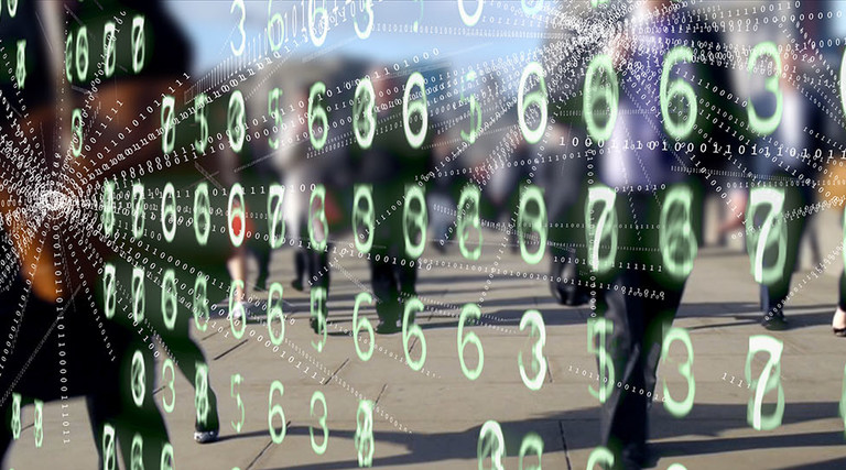 Streams of binary code being transmitted from the phones and tablets of people walking 