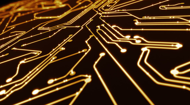 Abstract circuit board with yellow lines